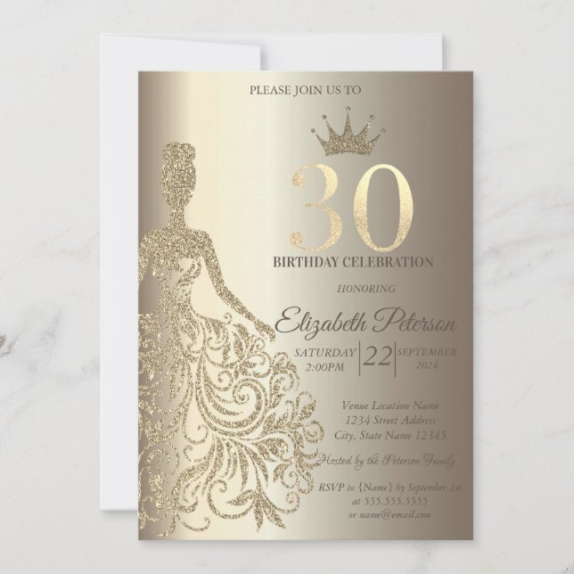 Glittrig klänning, diamanter champagne 30-årsfest inbjudningar (Framsida)