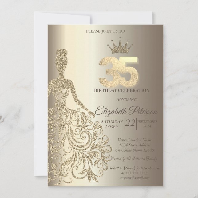 Glittrig klänning, diamanter champagne 35-årsdag inbjudningar (Framsida)