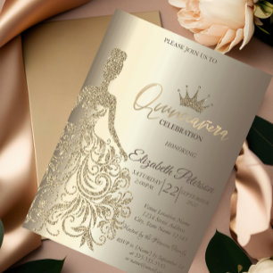 Glittrig klänning, diamanter Champagne Quinceañera Inbjudningar