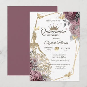 Glittrig klänning, Fjäril Chic Rosor Quinceañera Inbjudningar