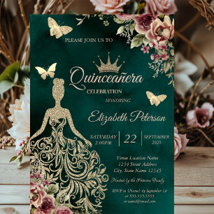 Glittrig klänning, Fjärilsblommig grön Quinceañera Inbjudningar