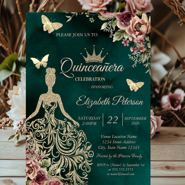 Glittrig klänning, Fjärilsblommig grön Quinceañera Inbjudningar (Skapare uppladdad)