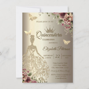 Glittrig klänning, fjärilsblommig guld Quinceañera Inbjudningar