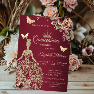 Glittrig klänning, fjärilsblommig röd Quinceañera Inbjudningar