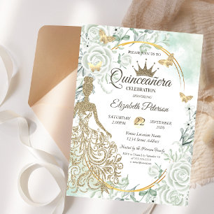 Glittrig klänning, Fjärilsrosor Grön Quinceañera Inbjudningar