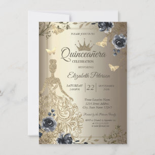 Glittrig klänning, Fjärilsrosor Guld Quinceañera Inbjudningar