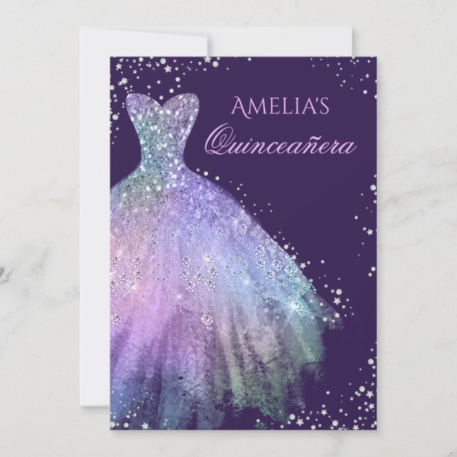 Glittrig klänning regnbåge Quinceanera-inbjudan Inbjudningar (Framsida)