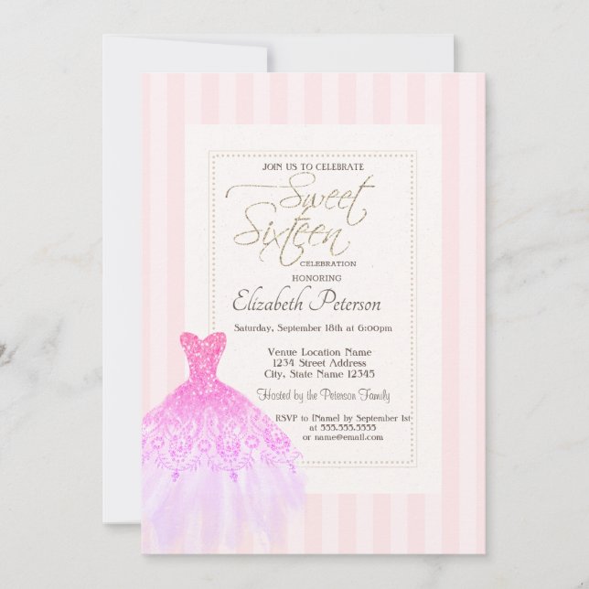 Glittrig klänning rosa ränder Sweet 16 Inbjudningar (Framsida)