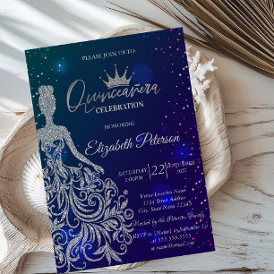 Glittrig klänning, Tiara, Blå stjärnor Quinceañera Inbjudningar