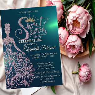 Glittrig klänning, Tiara, Diamanter Grön Sweet 16 Inbjudningar