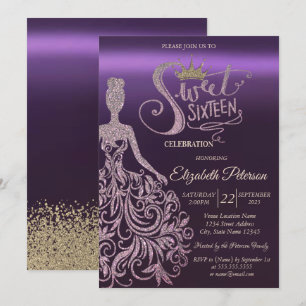 Glittrig klänning, tiara, diamanter Lila Sweet 16 Inbjudningar