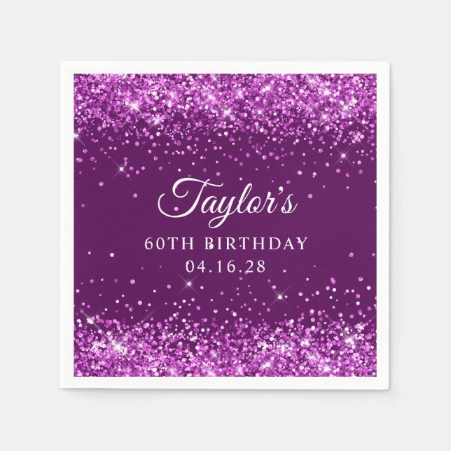 Glittrig lila 60-årsdag pappersservett (Framsidan)