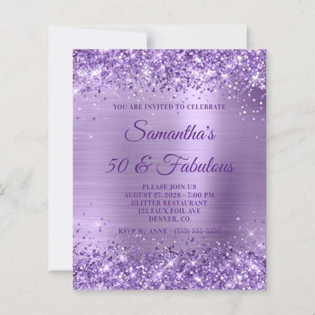 Glittrig lila folie-monogram 50 & fantastisk inbju (Framsida)