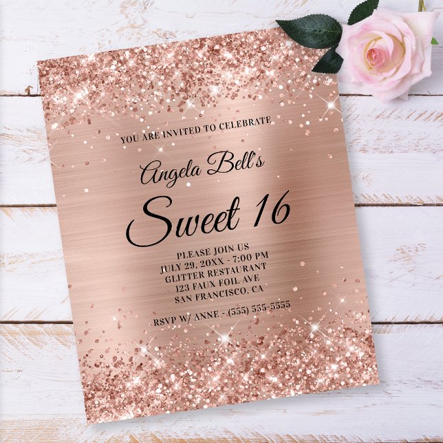 Glittrig Ljus Roséguld Sweet 16 Pappersfolder Flygblad (Skapare uppladdad)
