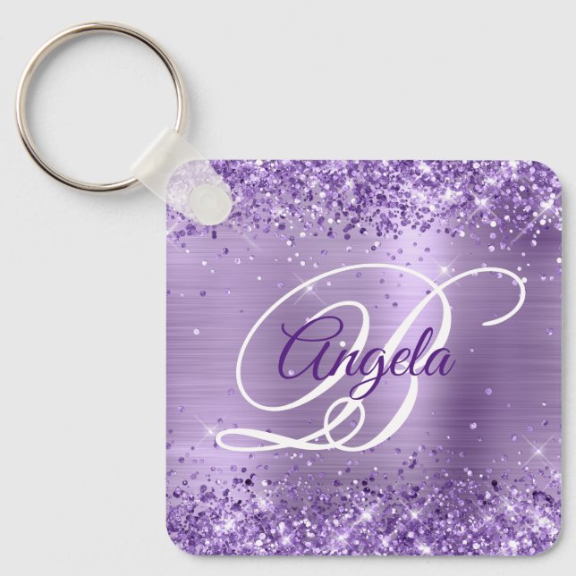 Glittrig Ljuslila Folie Fancy Monogram Nyckelring (Framsida)