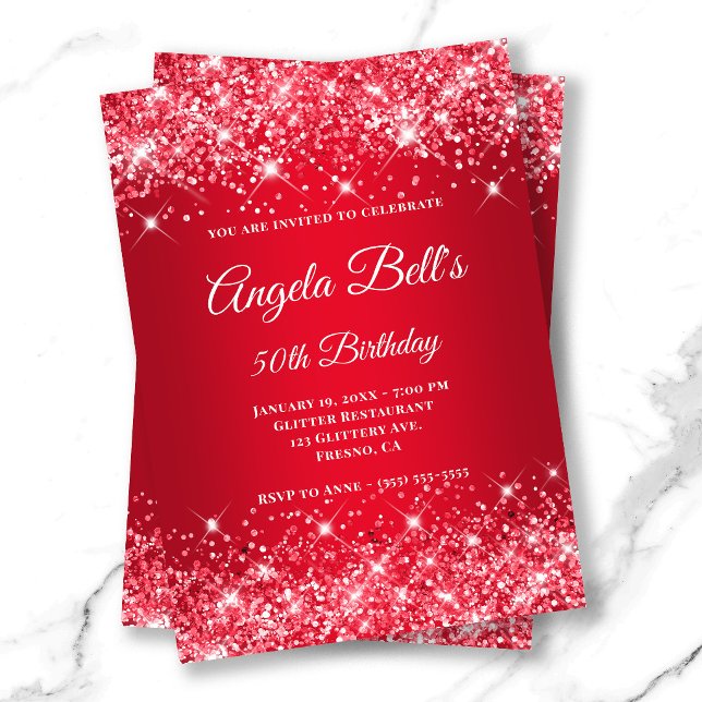 Glittrig Ljusröd Ombre Fancy Monogram Inbjudningar (Glittery Bright Red Ombre Fancy Monogram Invitation)