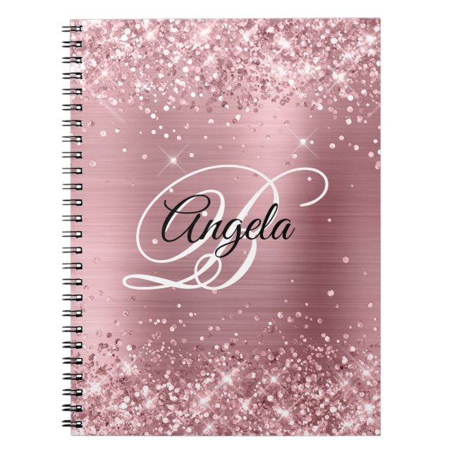Glittrig Ljusrosa Folie Monogram Anteckningsbok (Framsidan)