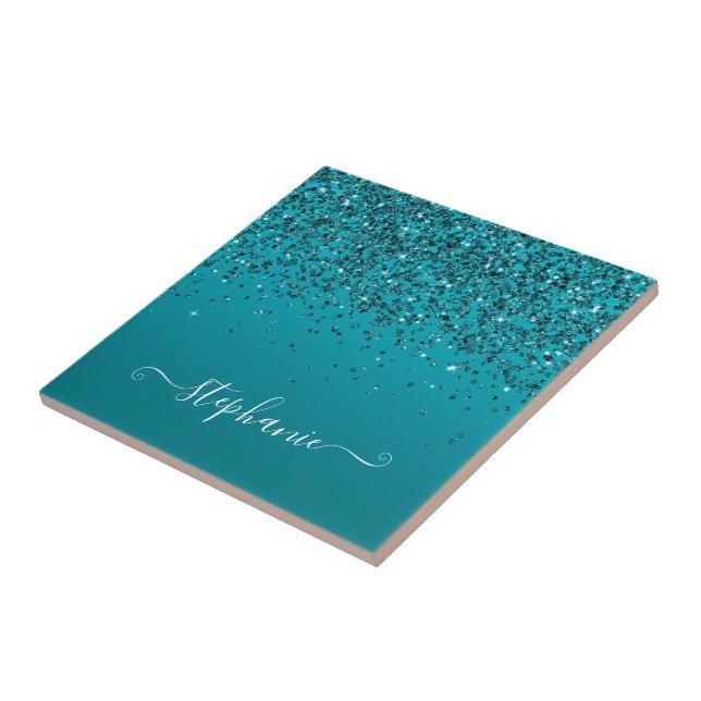 Glittrig Mörk Turkos Gradient Kvinnlig Kalligrafi Kakelplatta (Sidan)