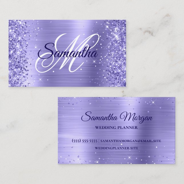 Glittrig Periwinkle Folie Fancy Monogram Visitkort (Fram/baksida)