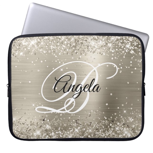 Glittrig platina borstad folie med monogram laptop fodral (Framsidan)
