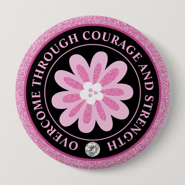 Glittrig Rosa Blomma Bröstcancer Medvetenhet Desig Knapp (Framsida)