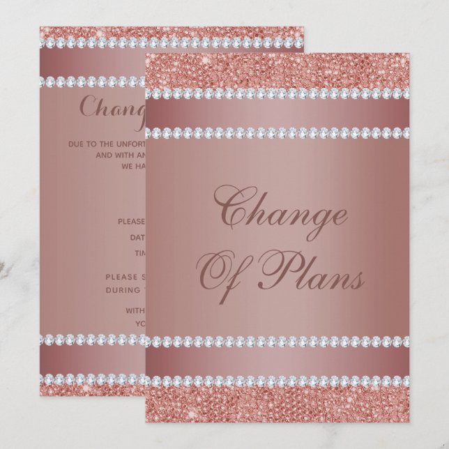 Glittrig Rosa Guld & Diamant Ädelsten Ändring Av P Inbjudningar (Fram/baksida)