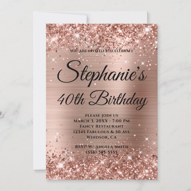 Glittrig Rosa Guld Fancy Monogram 40-årsdag Inbjudningar (Framsida)