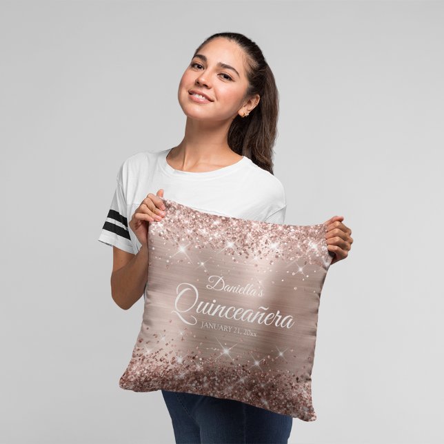 Glittrig Rosa Guld Folie 15 Quinceañera Kudde (Rose Gold Mis Quince Throw Pillow)