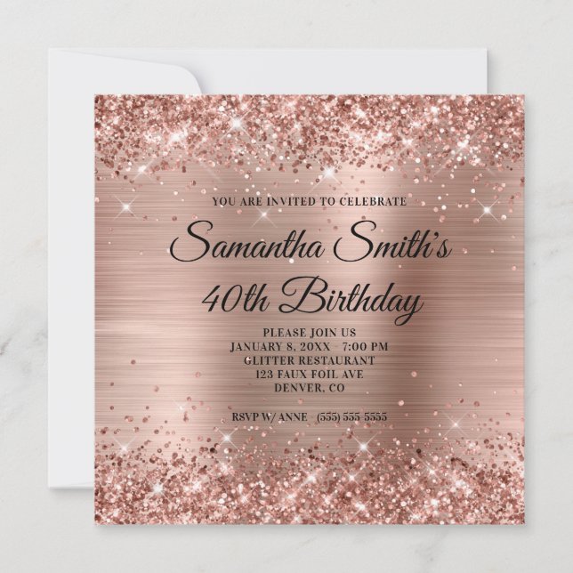 Glittrig Rosa Guld Folie 40-årsdag Inbjudningar (Framsida)
