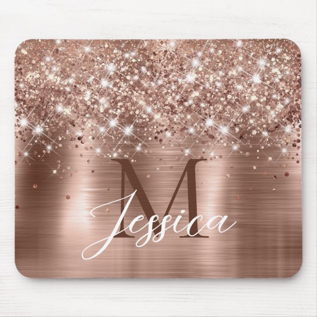 Glittrig Rosa Guld Folie Falskt Glitter Monogram Musmatta (Framsidan)