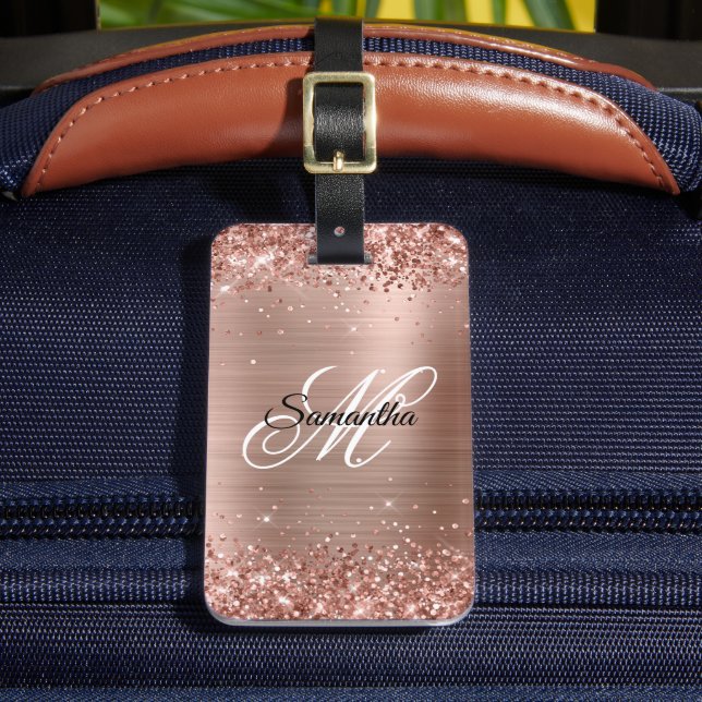 Glittrig rosa guld folie fancy monogram bagagebricka (Framsida Insitu 2)
