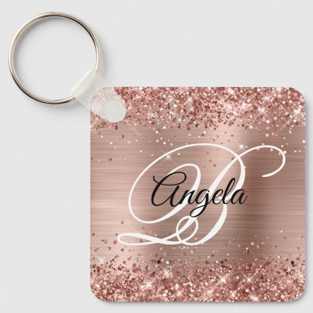 Glittrig rosa guld folie fancy monogram nyckelring (Framsida)