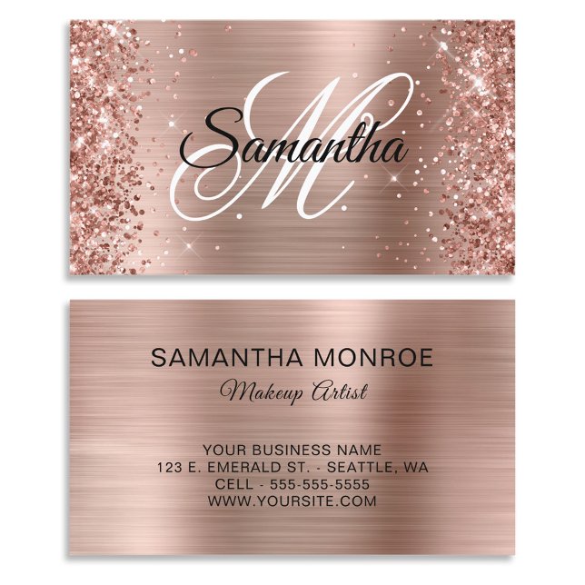 Glittrig Rosa Guld Folie Fancy Monogram Visitkort (Glittery Rose Gold Foil Fancy Monogram Business Cards)