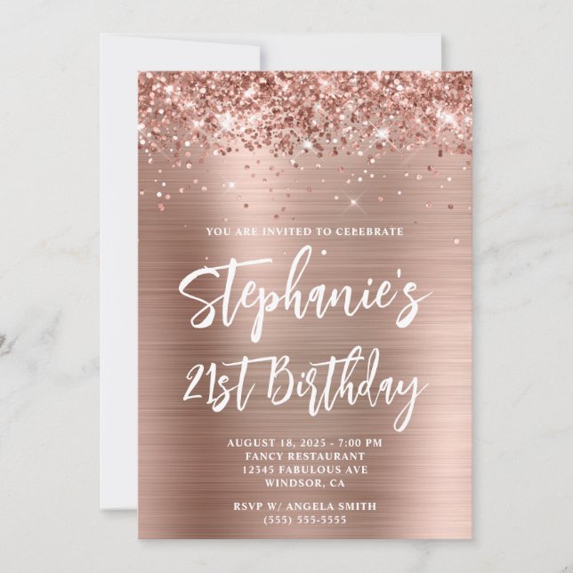 Glittrig rosa guld folie fet 21-årsdag inbjudningar (Framsida)