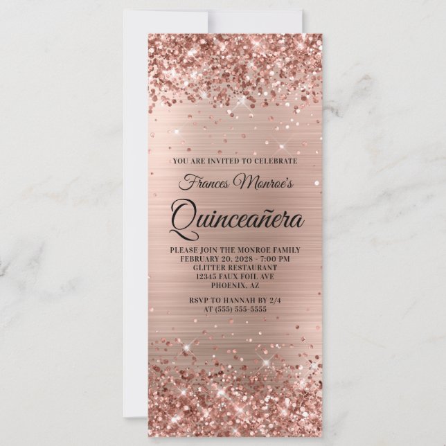 Glittrig Rosa Guld Folie Quinceañera Inbjudningar (Framsida)