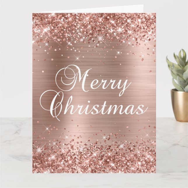 Glittrig Rosa Guld Folie Stor God Jul Kort (Liten växt)