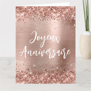 Glittrig Rosa Guld Folie Stor Joyeux Anniversaire Kort