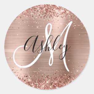 Glittrig rosa guld folie svart och vit monogram runt klistermärke