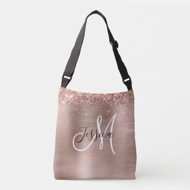Glittrig Rosa Guld Folie Svart Vit Monogram Axelväska (Framsida)