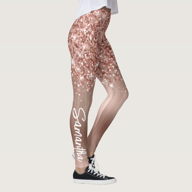 Glittrig Rosa Guld Glam Borste Skriptnamn Leggings (Höger)