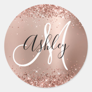 Glittrig Rosa Guld Glam Gradering Monogram Runt Klistermärke