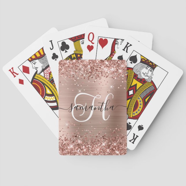 Glittrig Rosa Guld Glam Monogram Casinokort (Baksidan)