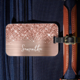 Glittrig Rosa Guld Glam Namn Bagagebricka
