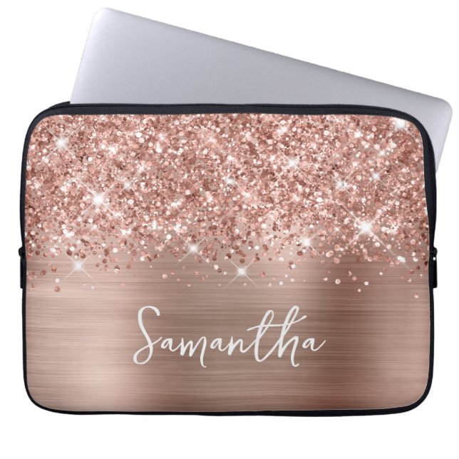 Glittrig Rosa Guld Glam Namn Laptop Fodral (Framsidan)