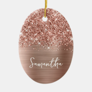 Glittrig Rosa Guld Glam Namn Oval Foto Julgransprydnad Keramik