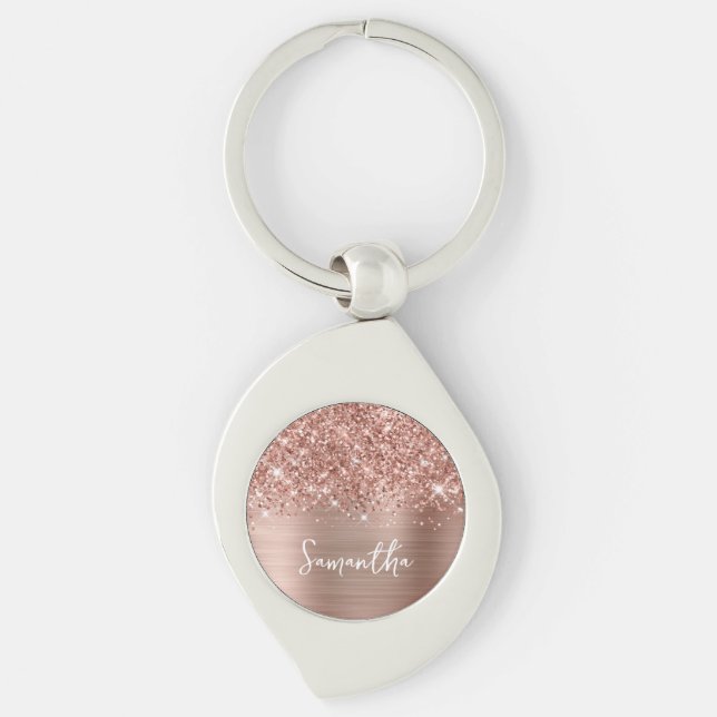 Glittrig Rosa Guld Glam Namn Swirl Silverfärgad Nyckelring (Framsidan)