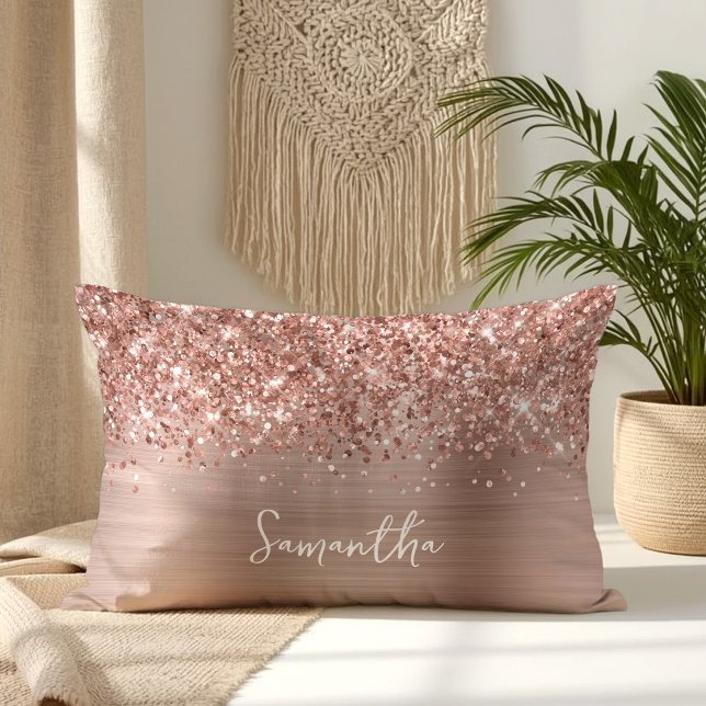 Glittrig Rosa Guld Glam Skriptnamn Lumbarkudde (Glittery Rose Gold Glam Script Name Lumbar Pillow)