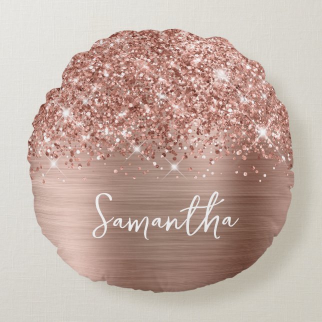 Glittrig Rosa Guld Glam Skriptnamn Rund Kudde (Framsidan)
