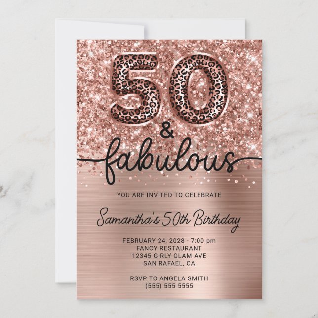Glittrig Rosa Guld Leopard Glam 50 och Fantastisk Inbjudningar (Framsida)