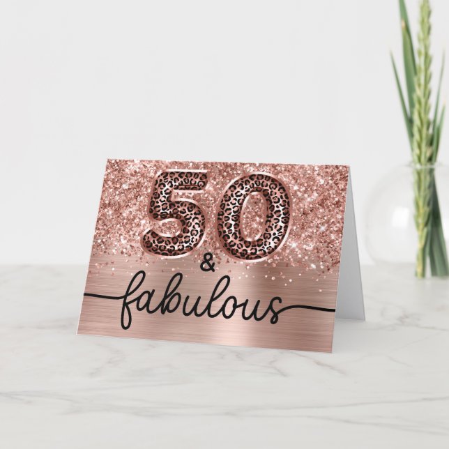 Glittrig Rosa Guld Leopard Glam 50 och Fantastisk Kort (Framsida)